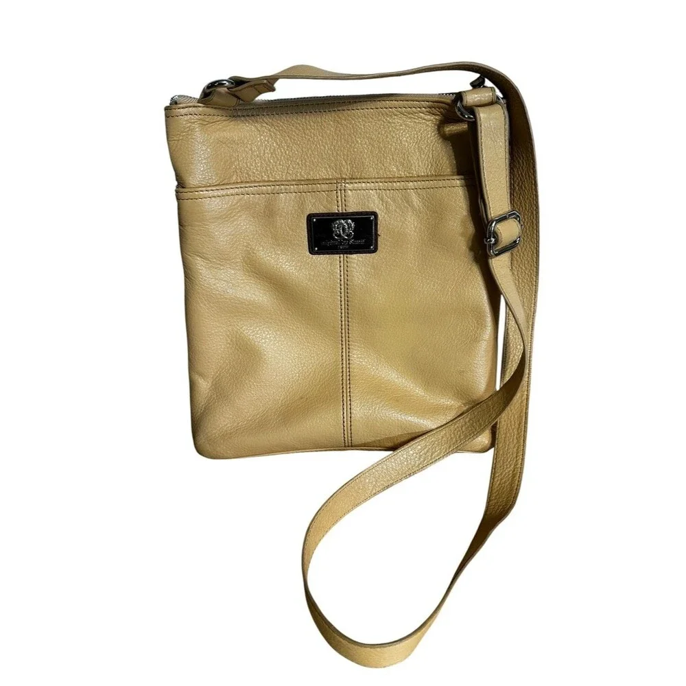 Sharif 1827 Leather Crossbody Organizer Bag Tan Studded Stars Striped Pocket